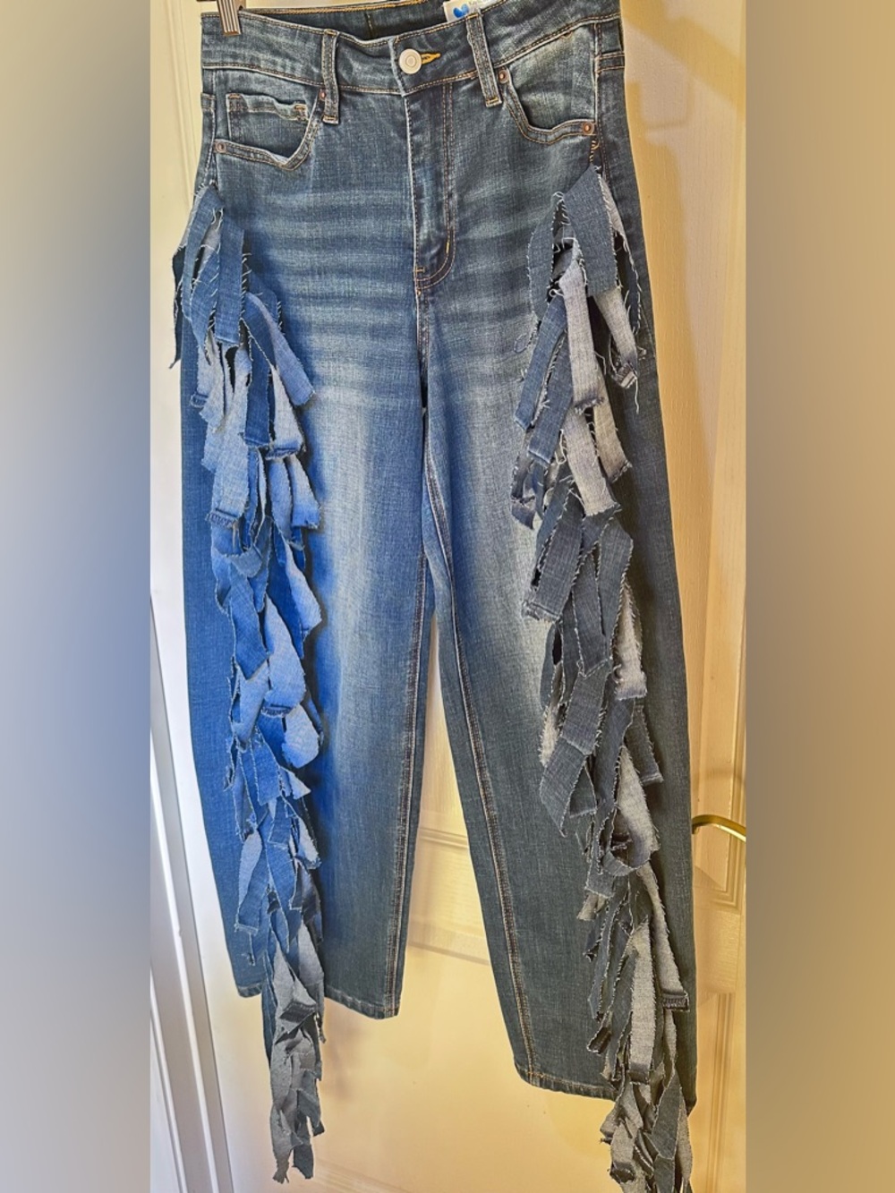 Upcycled High-Rise Blue fringe Ruffle-Trim barrel Jeans size S - Picture 6 of 7